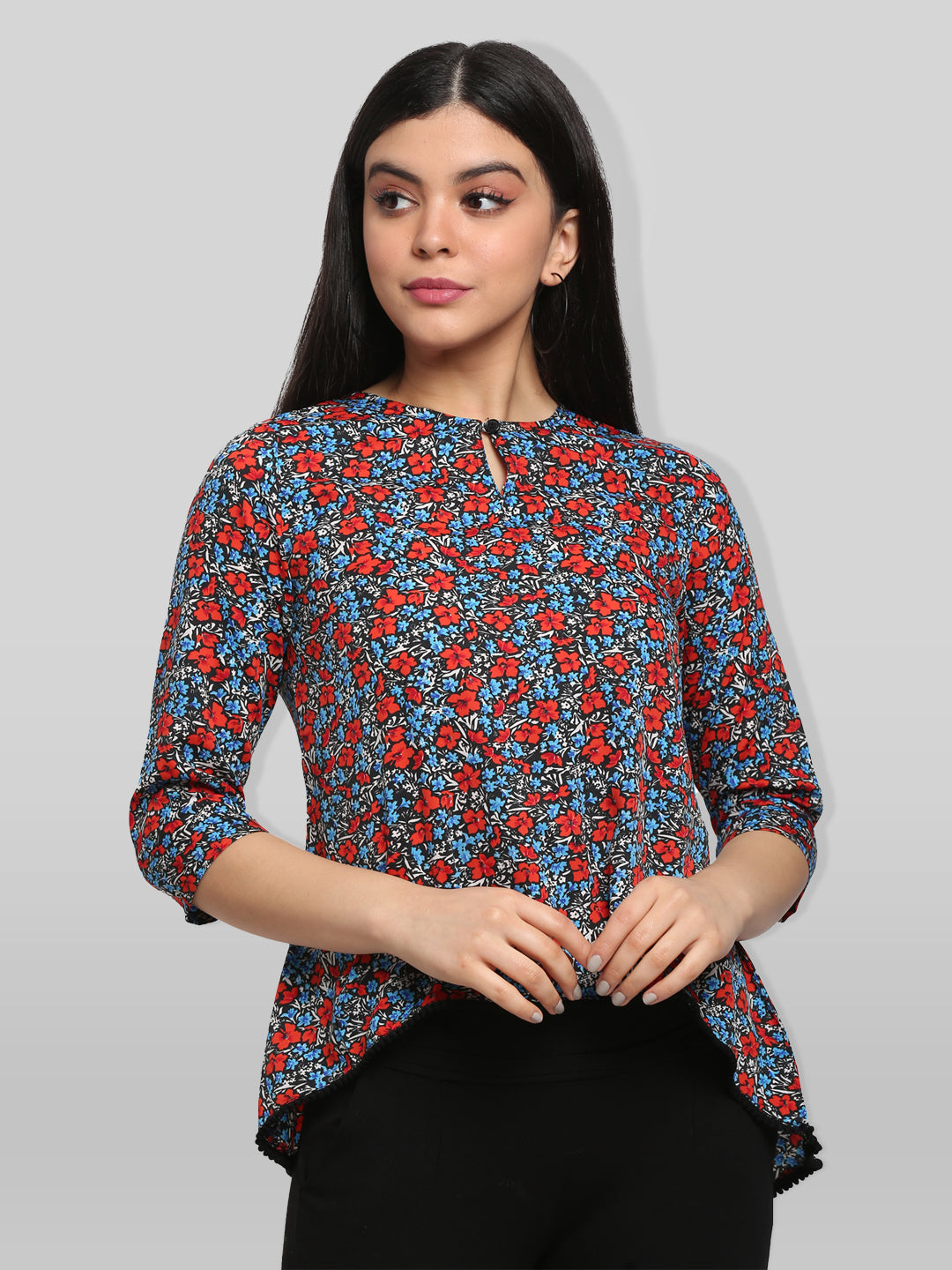 Black & Red Floral Print Keyhole Neck High-Low Top
