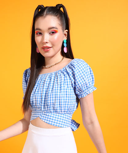 Casual Puff Sleeves Checkered Women Light Blue, White Top