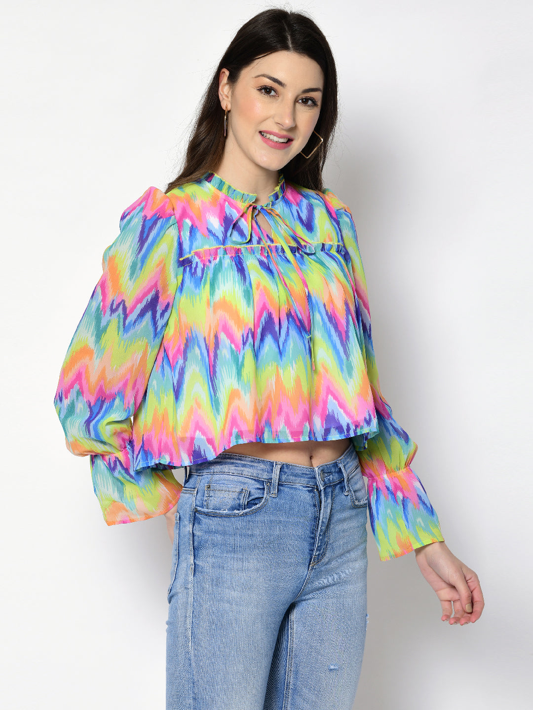 Casual Puff Sleeves Chevron/Zig Zag, Printed Women Multicolor Top
