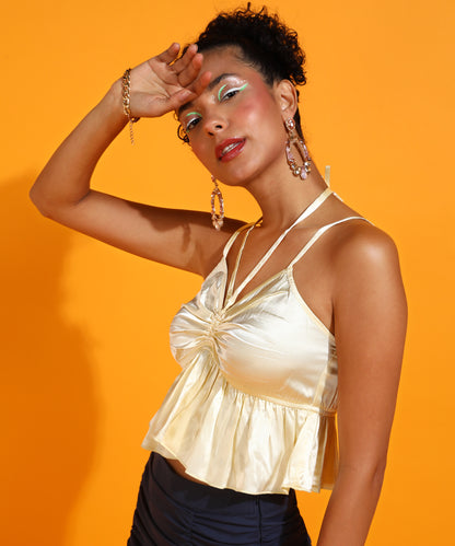 Party Noodle Straps Solid Women Beige Top