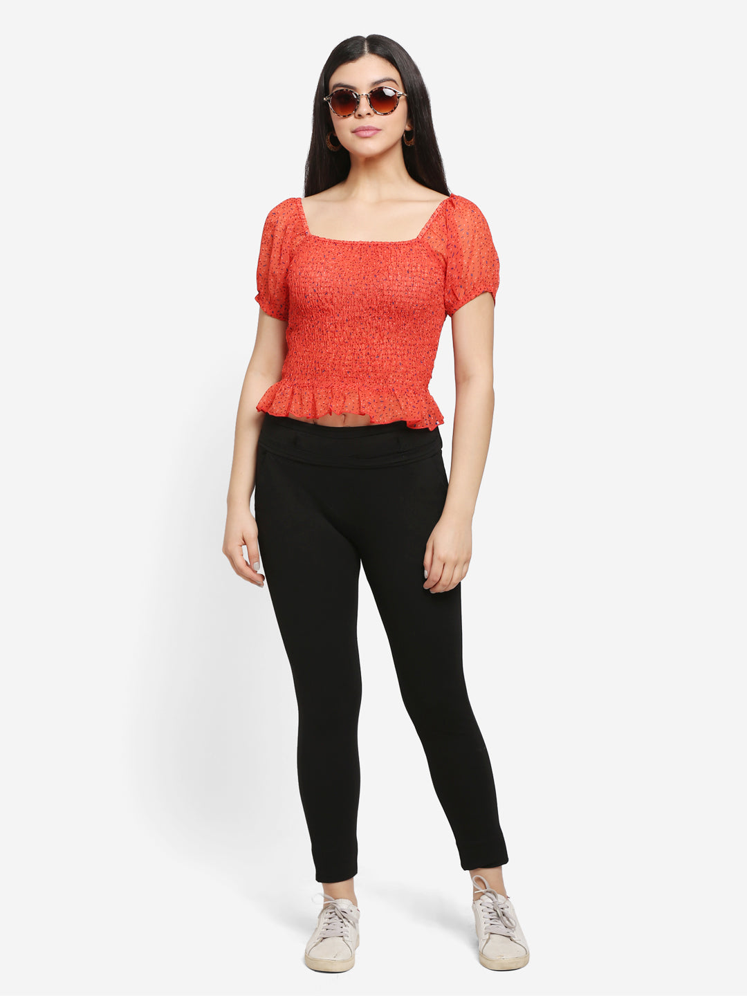 Women Printed Red Smocked Chiffon Peplum Top