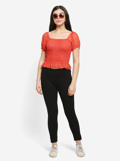 Women Printed Red Smocked Chiffon Peplum Top