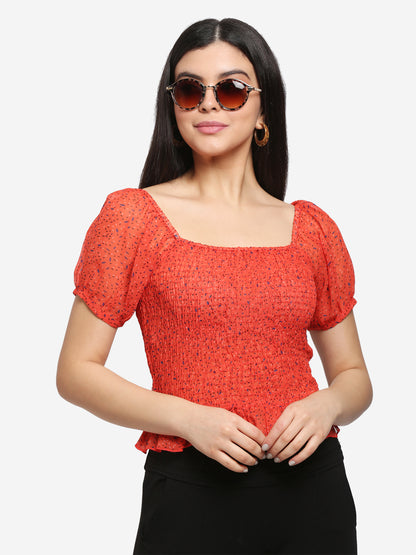 Women Printed Red Smocked Chiffon Peplum Top