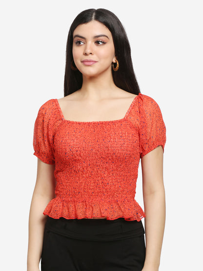 Women Printed Red Smocked Chiffon Peplum Top