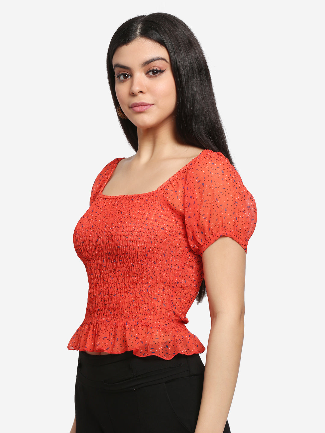 Women Printed Red Smocked Chiffon Peplum Top