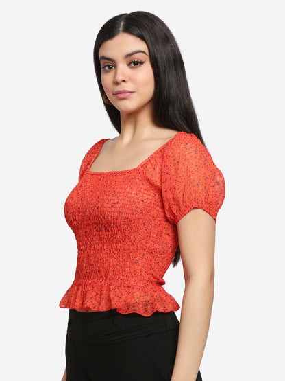 Women Printed Red Smocked Chiffon Peplum Top