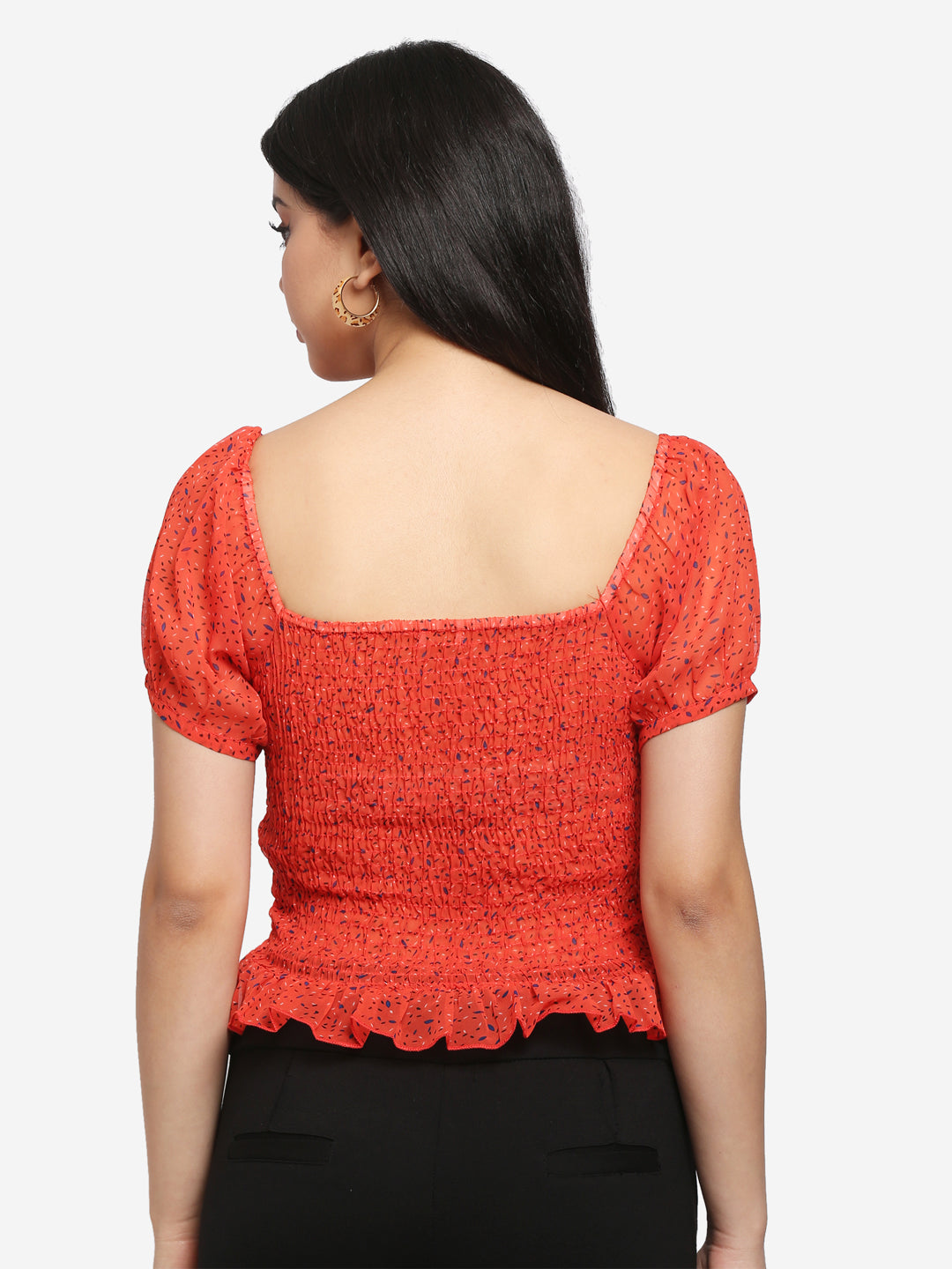 Women Printed Red Smocked Chiffon Peplum Top
