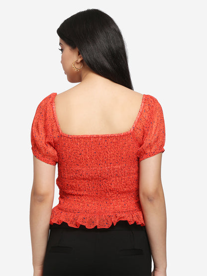 Women Printed Red Smocked Chiffon Peplum Top