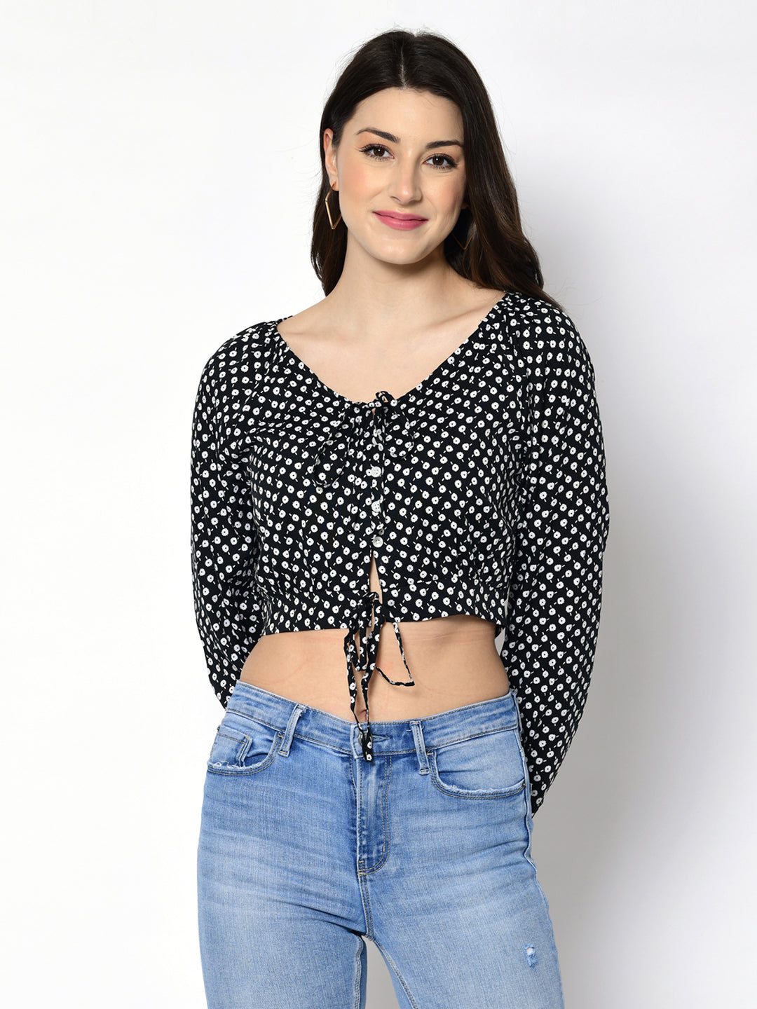 Casual Regular Sleeves Polka Print Women Black Top