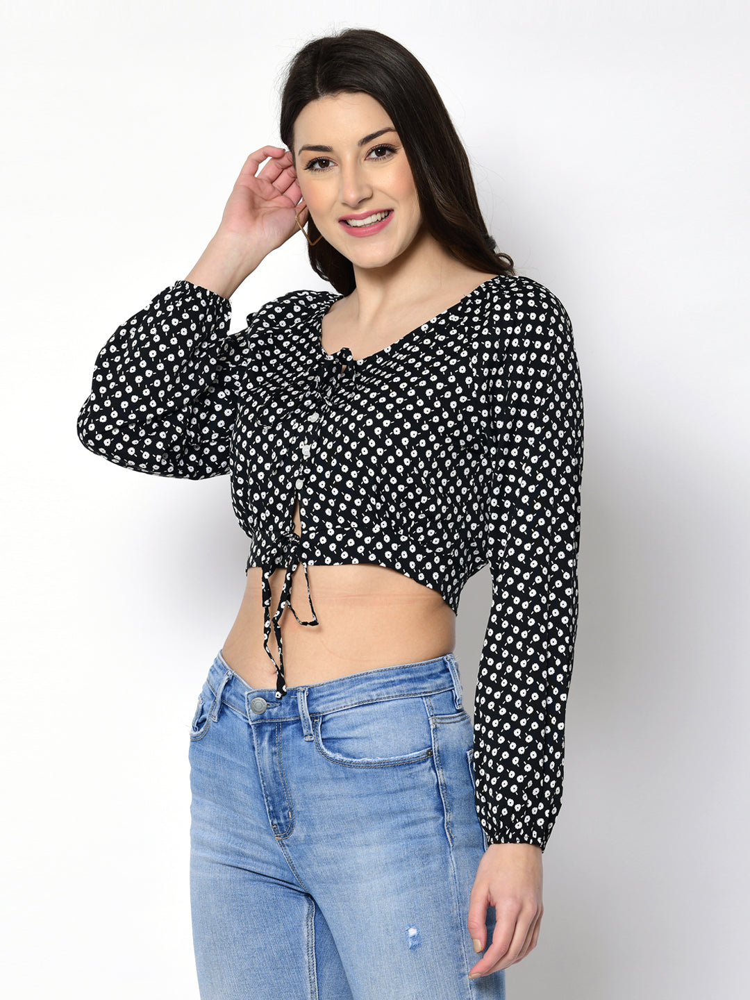 Casual Regular Sleeves Polka Print Women Black Top