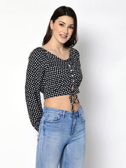 Casual Regular Sleeves Polka Print Women Black Top