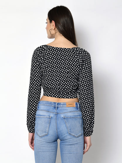 Casual Regular Sleeves Polka Print Women Black Top