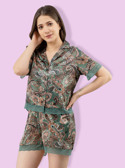 Women Top & Shorts Set Green Ethnic Motifs