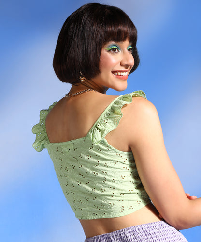 Casual Sleeveless Embroidered Women Green Top
