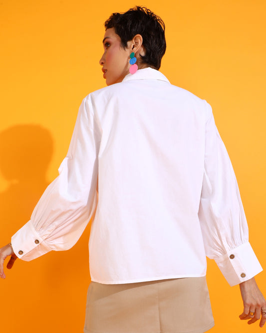 Casual Puff Sleeves Solid Women White Top