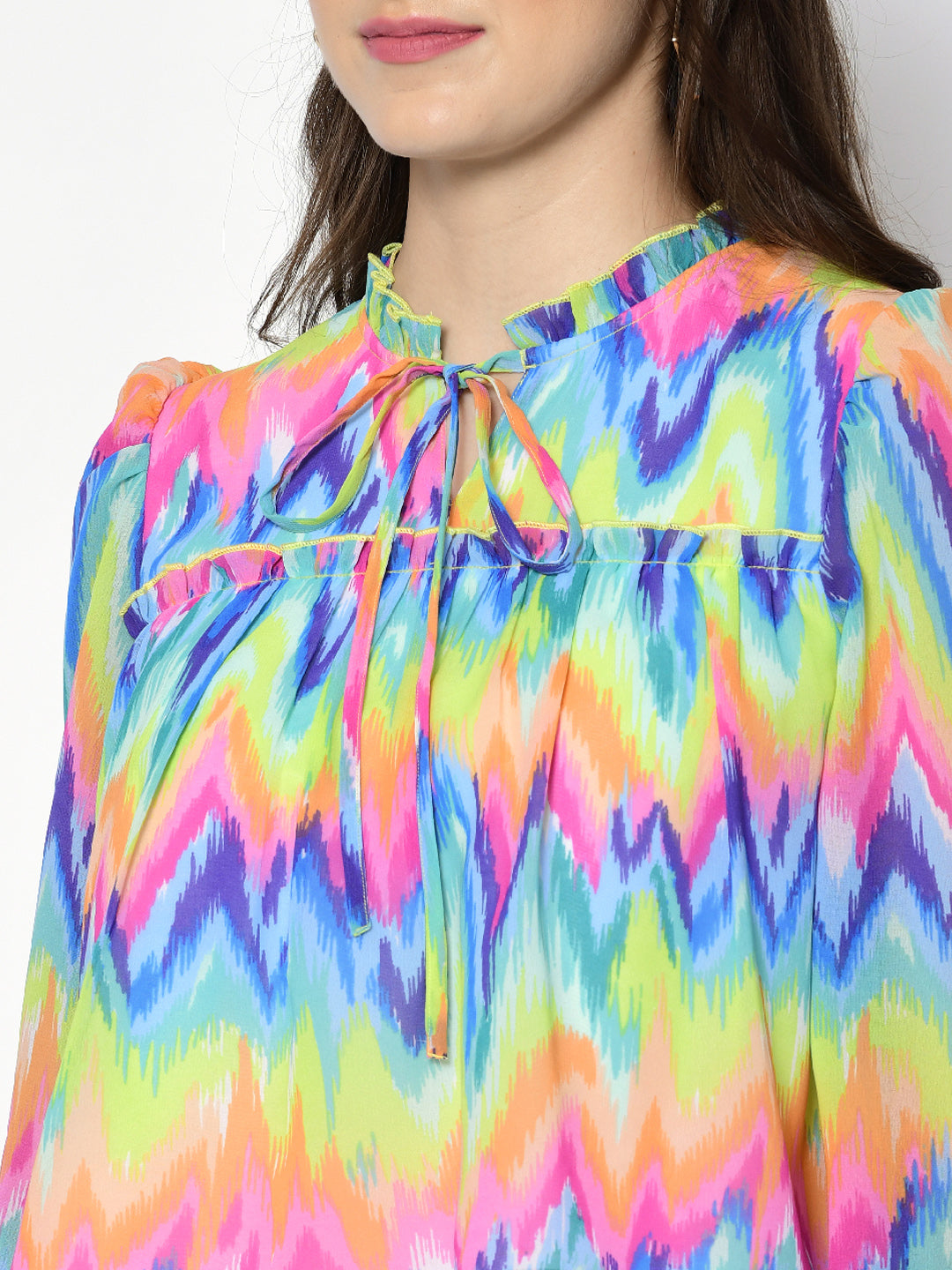 Casual Puff Sleeves Chevron/Zig Zag, Printed Women Multicolor Top