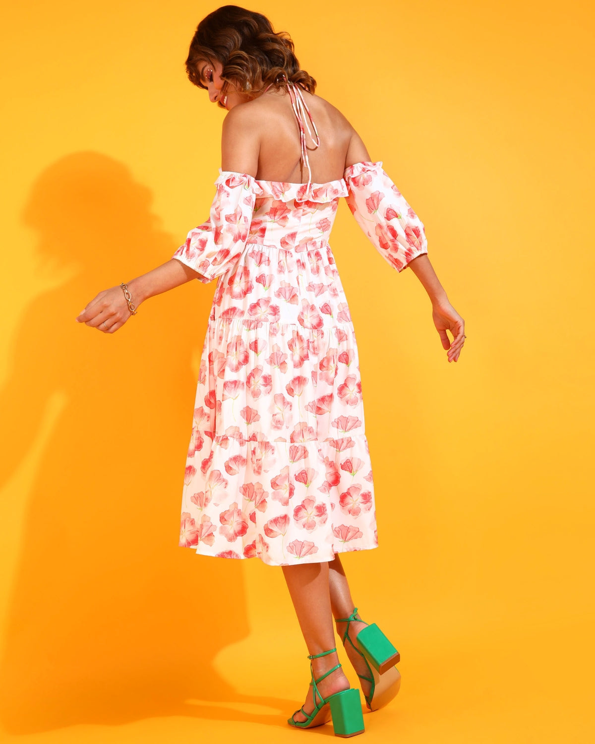 Women A-line White, Pink, Green Below Knee Dress