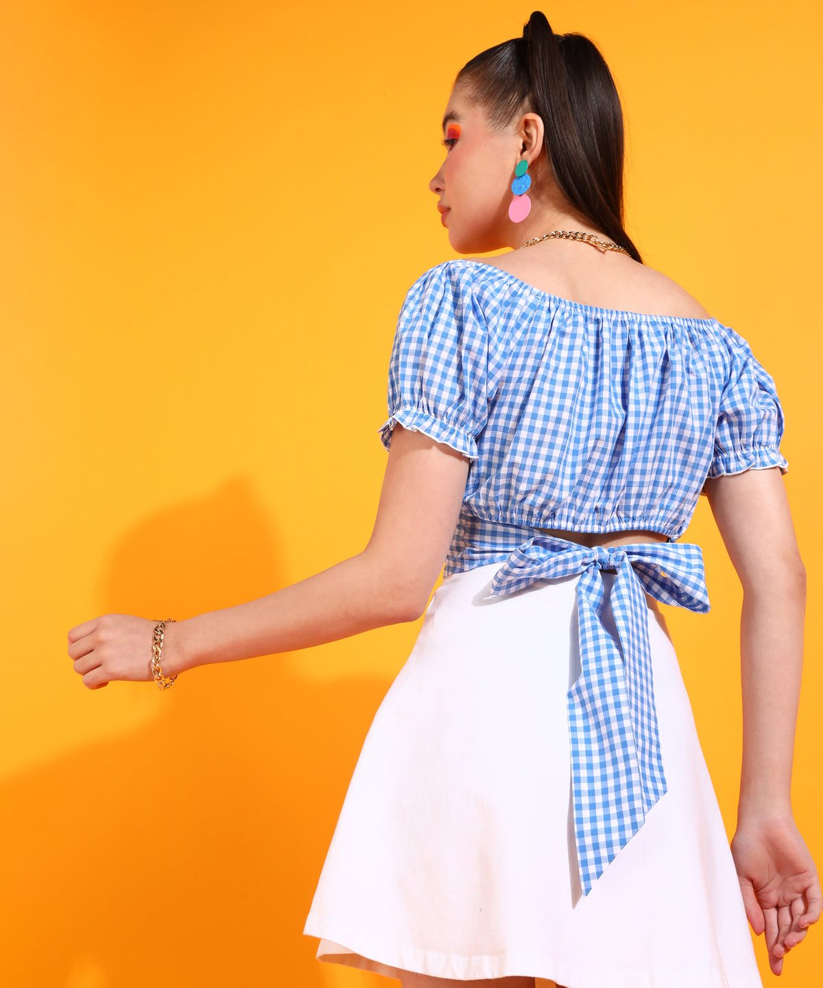 Casual Puff Sleeves Checkered Women Light Blue, White Top