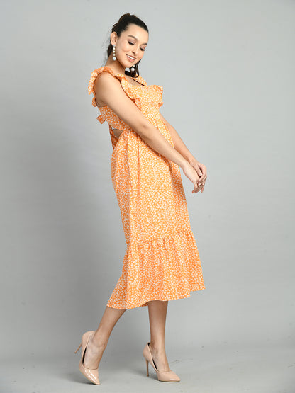 Women Fit and Flare Orange Midi/Calf Length Dress
