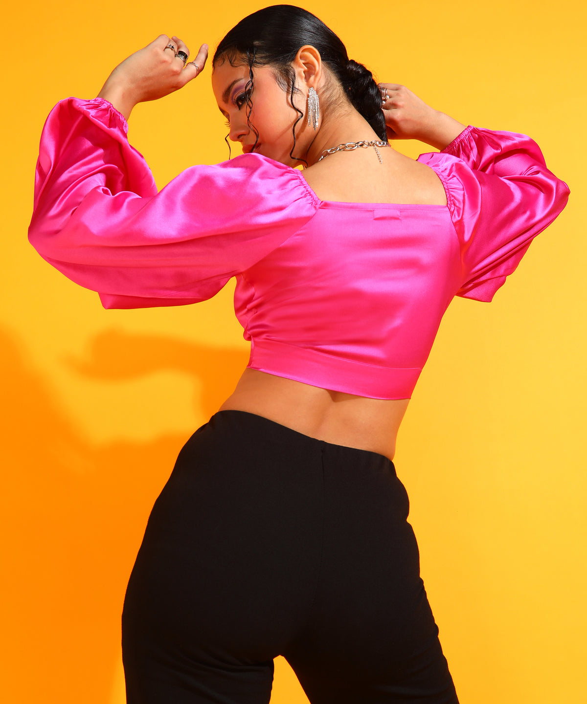 Party Puff Sleeves Solid Women Pink Top