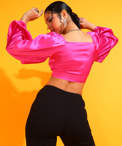 Party Puff Sleeves Solid Women Pink Top