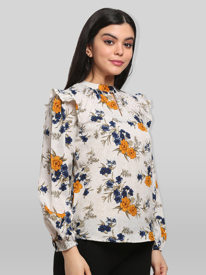 White & Yellow Floral Print Keyhole Neck Top
