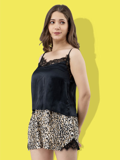 Women Top & Shorts Set Black Solid