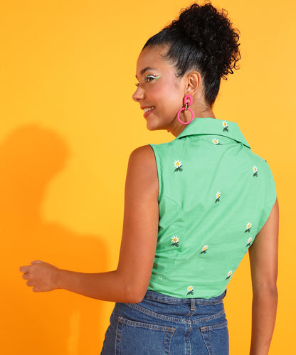 Casual Sleeveless Solid Women Green Top