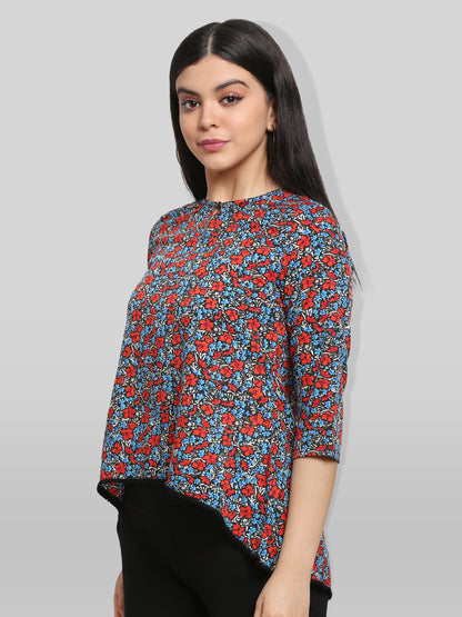 Black & Red Floral Print Keyhole Neck High-Low Top