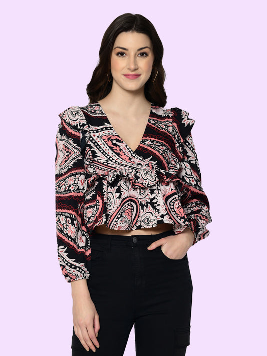 Casual Puff Sleeves Printed Women Multicolor Top