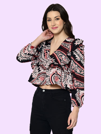 Casual Puff Sleeves Printed Women Multicolor Top
