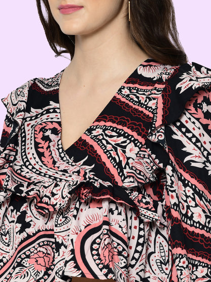 Casual Puff Sleeves Printed Women Multicolor Top