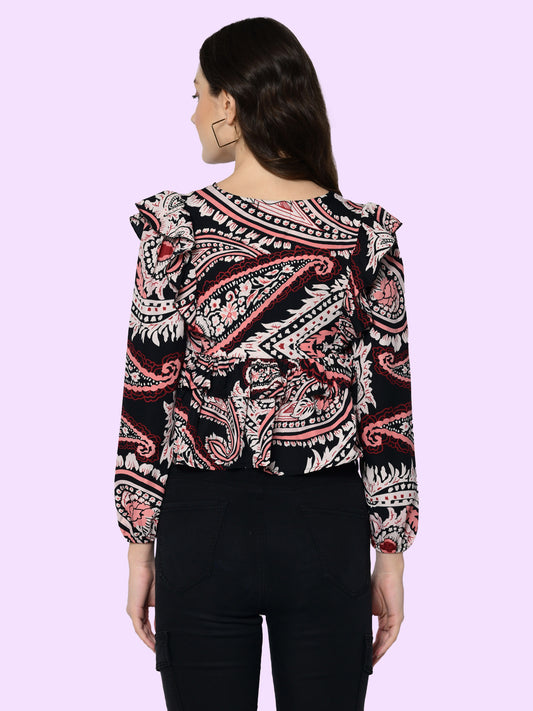 Casual Puff Sleeves Printed Women Multicolor Top