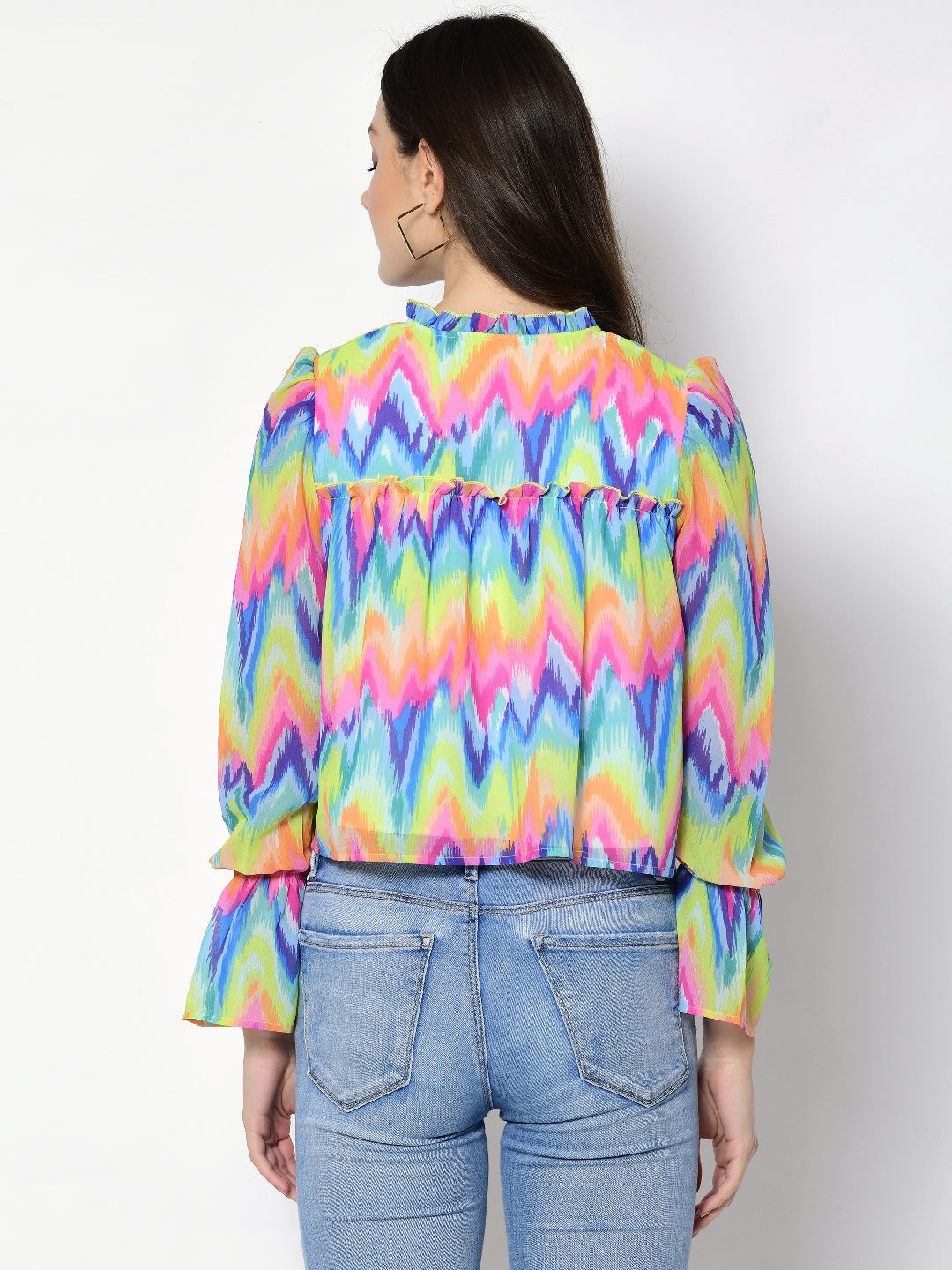 Casual Puff Sleeves Chevron/Zig Zag, Printed Women Multicolor Top