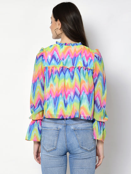Casual Puff Sleeves Chevron/Zig Zag, Printed Women Multicolor Top