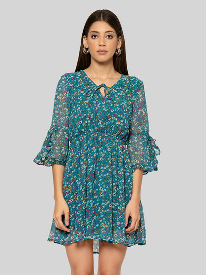 Women Gathered Blue Above Knee/Mid Thigh Length Dress