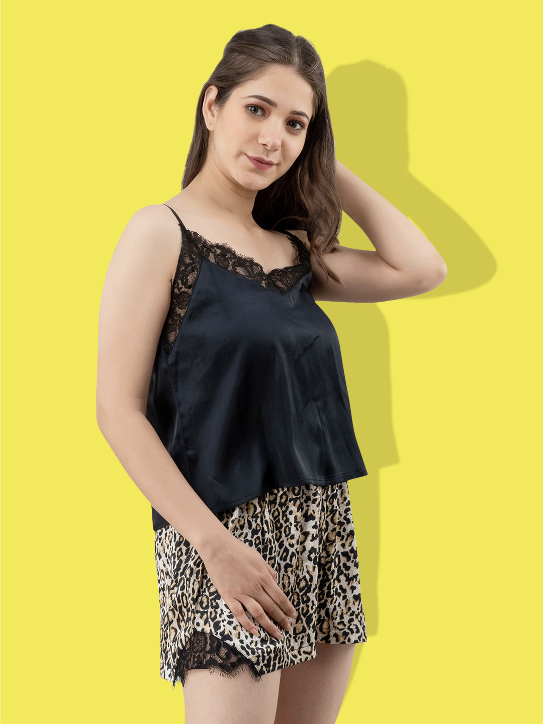 Women Top & Shorts Set Black Solid