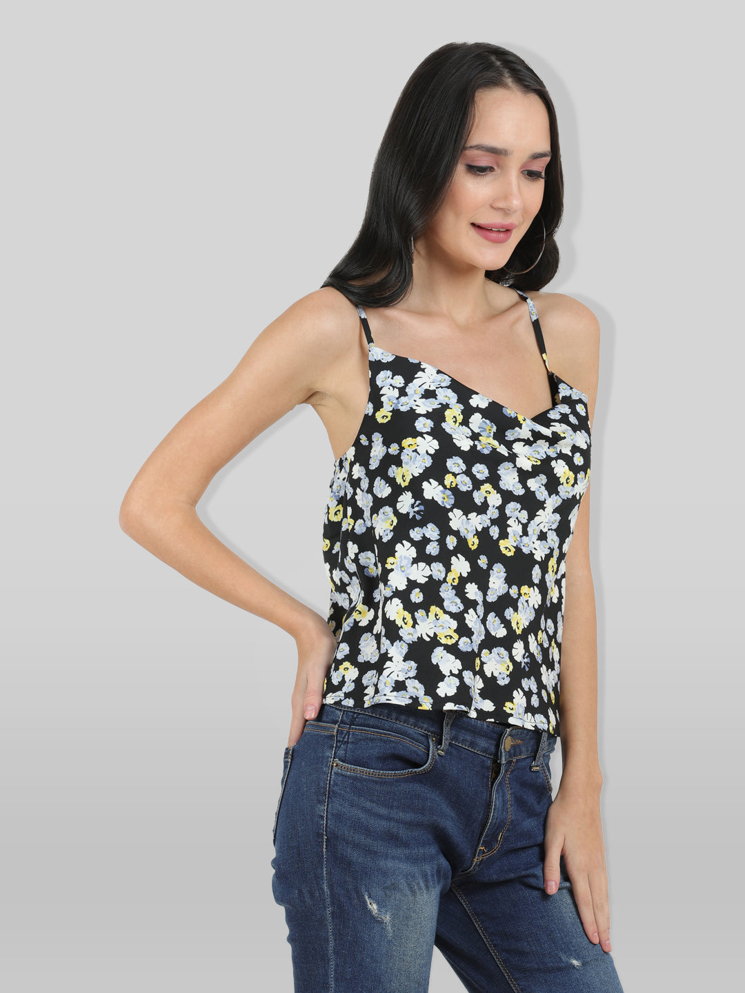 Casual Shoulder Straps Floral Print Women Black Top