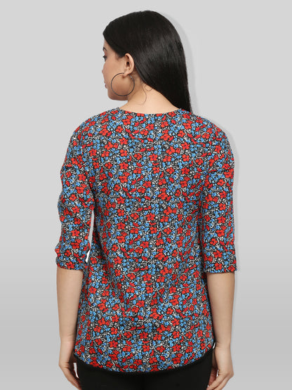 Black & Red Floral Print Keyhole Neck High-Low Top