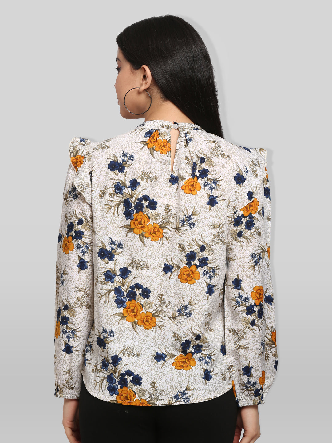 White & Yellow Floral Print Keyhole Neck Top