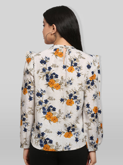 White & Yellow Floral Print Keyhole Neck Top
