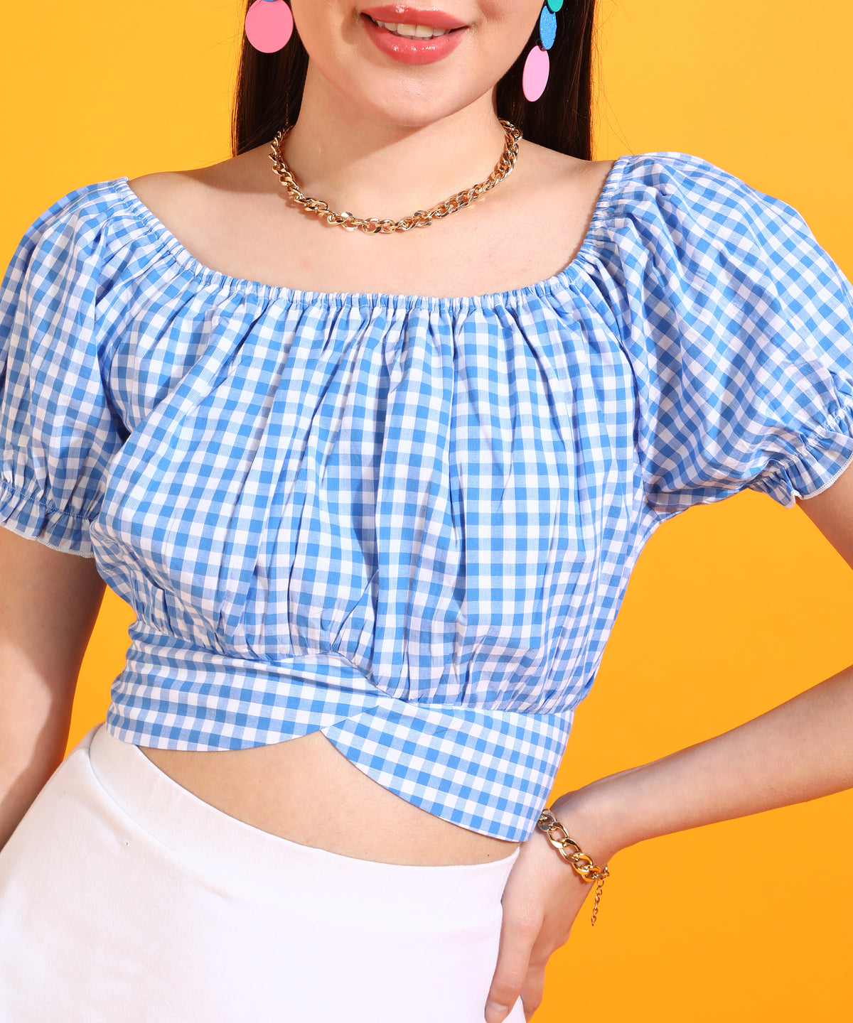 Casual Puff Sleeves Checkered Women Light Blue, White Top