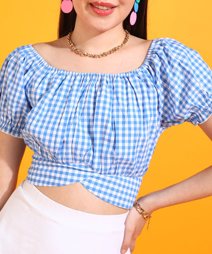 Casual Puff Sleeves Checkered Women Light Blue, White Top
