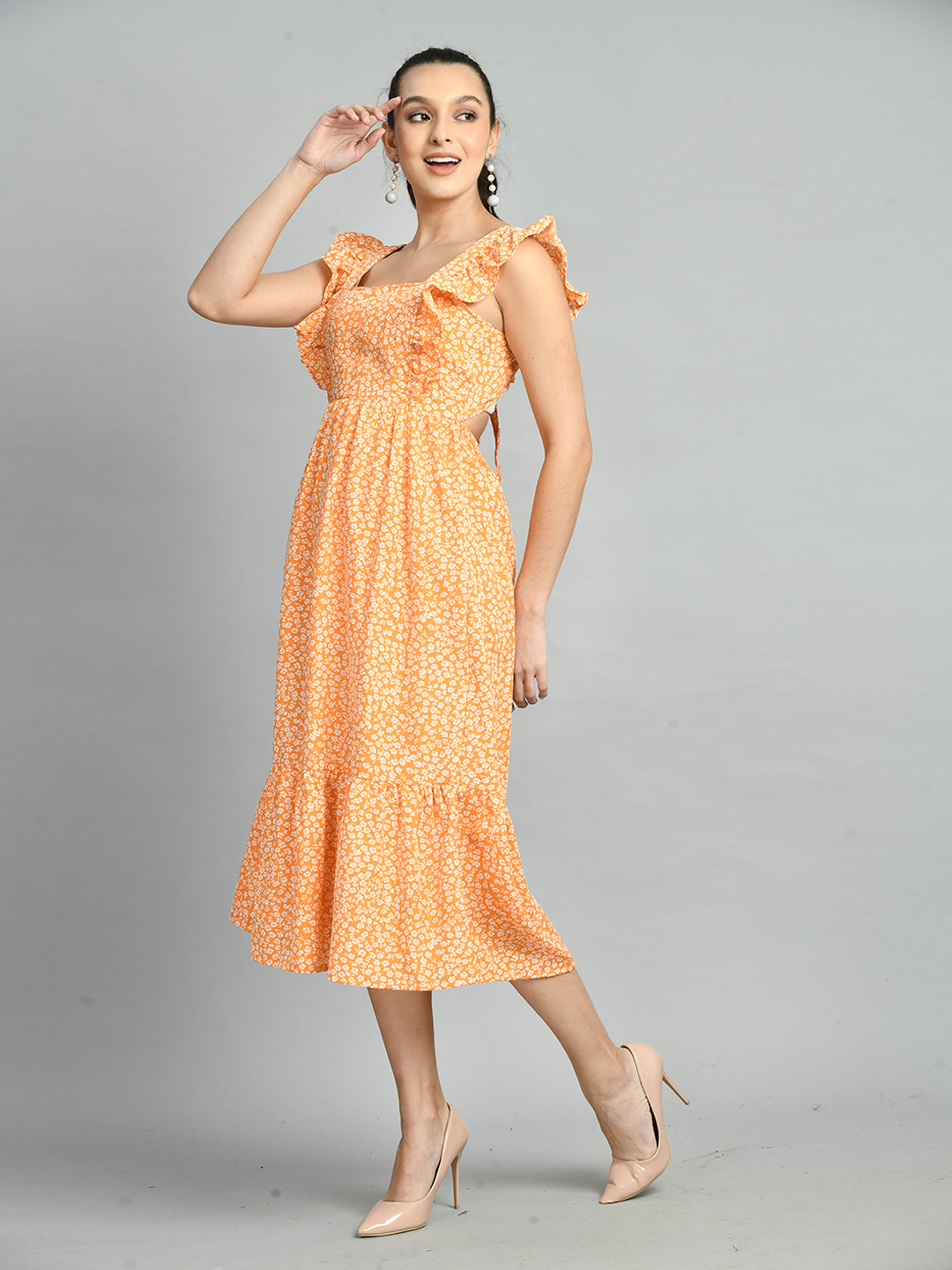 Women Fit and Flare Orange Midi/Calf Length Dress