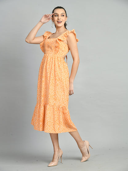 Women Fit and Flare Orange Midi/Calf Length Dress