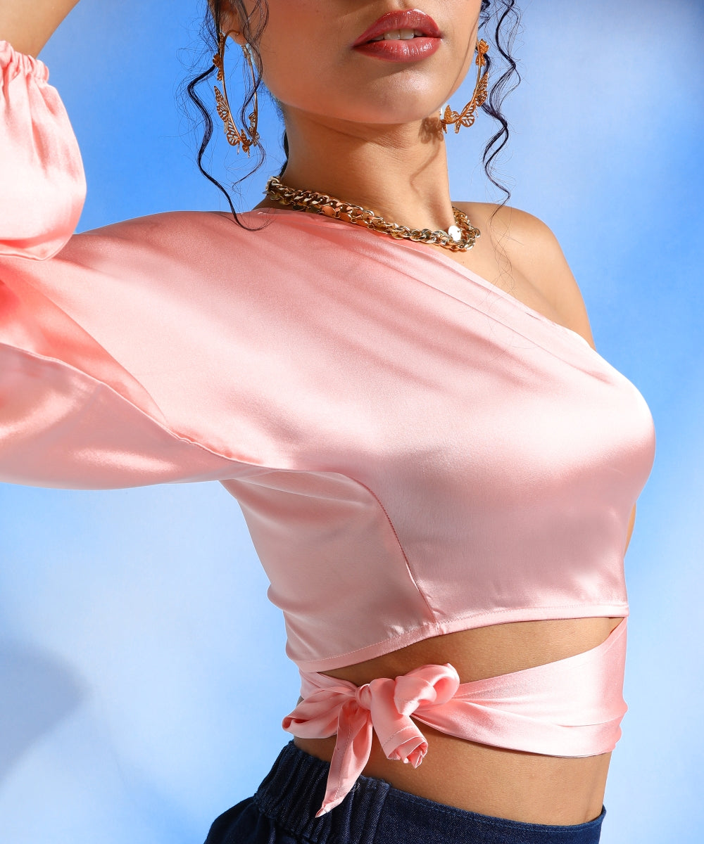 Party One Shoulder Sleeves Solid Women Pink Top
