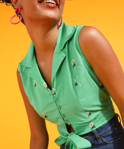 Casual Sleeveless Solid Women Green Top