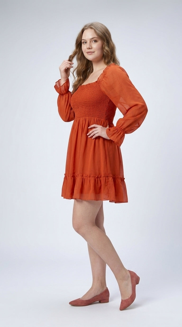 Women Fit and Flare Orange Midi/Calf Length Dress