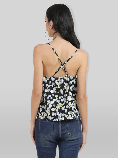 Casual Shoulder Straps Floral Print Women Black Top