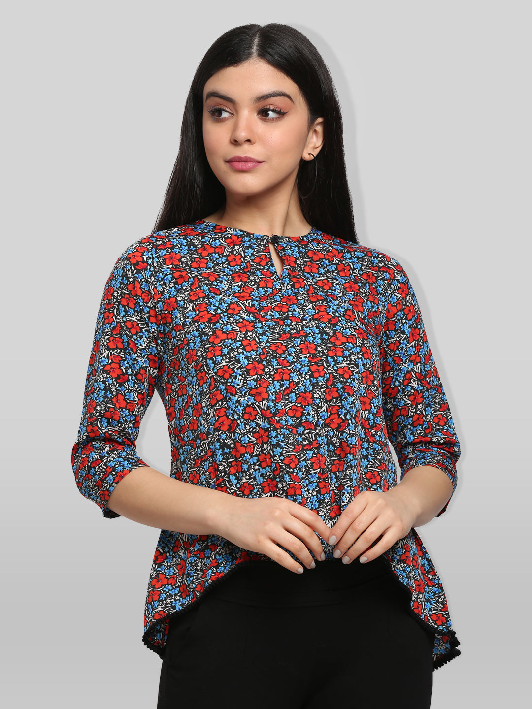 Black & Red Floral Print Keyhole Neck High-Low Top